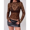 image:imageBTFBM Lace Long Sleeve Tops for Women Sexy Mesh Sheer Shirt  See Through Top Crew Neck Knit Slim Fitted Tight ShirtsCocktail Party Club Outfits2026 Fall WinterBrown