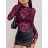 image:imageBTFBM Lace Long Sleeve Tops for Women Sexy Mesh Sheer Shirt  See Through Top Crew Neck Knit Slim Fitted Tight ShirtsCocktail Party Club Outfits2026 Fall WinterPurple