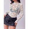 image:imageBTFBM Lace Long Sleeve Tops for Women Sexy Mesh Sheer Shirt  See Through Top Crew Neck Knit Slim Fitted Tight ShirtsCocktail Party Club Outfits2026 Fall WinterWhite
