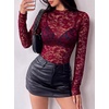 image:imageBTFBM Lace Long Sleeve Tops for Women Sexy Mesh Sheer Shirt  See Through Top Crew Neck Knit Slim Fitted Tight ShirtsCocktail Party Club Outfits2026 Fall WinterBurgundy