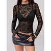 image:imageBTFBM Lace Long Sleeve Tops for Women Sexy Mesh Sheer Shirt  See Through Top Crew Neck Knit Slim Fitted Tight ShirtsCocktail Party Club Outfits2026 Fall WinterBlack