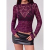 image:imageBTFBM Lace Long Sleeve Tops for Women Sexy Mesh Sheer Shirt  See Through Top Crew Neck Knit Slim Fitted Tight ShirtsCocktail Party Club Outfits2026 Fall WinterPurple