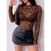 image:imageBTFBM Lace Long Sleeve Tops for Women Sexy Mesh Sheer Shirt  See Through Top Crew Neck Knit Slim Fitted Tight ShirtsCocktail Party Club Outfits2026 Fall WinterBrown