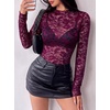 image:imageBTFBM Lace Long Sleeve Tops for Women Sexy Mesh Sheer Shirt  See Through Top Crew Neck Knit Slim Fitted Tight ShirtsCocktail Party Club Outfits2026 Fall WinterPurple