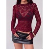 image:imageBTFBM Lace Long Sleeve Tops for Women Sexy Mesh Sheer Shirt  See Through Top Crew Neck Knit Slim Fitted Tight ShirtsCocktail Party Club Outfits2026 Fall WinterBurgundy