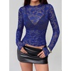 image:imageBTFBM Lace Long Sleeve Tops for Women Sexy Mesh Sheer Shirt  See Through Top Crew Neck Knit Slim Fitted Tight ShirtsCocktail Party Club Outfits2026 Fall WinterBlue