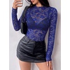 image:imageBTFBM Lace Long Sleeve Tops for Women Sexy Mesh Sheer Shirt  See Through Top Crew Neck Knit Slim Fitted Tight ShirtsCocktail Party Club Outfits2026 Fall WinterBlue