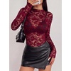 image:imageBTFBM Lace Long Sleeve Tops for Women Sexy Mesh Sheer Shirt  See Through Top Crew Neck Knit Slim Fitted Tight ShirtsCocktail Party Club Outfits2026 Fall WinterBurgundy