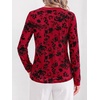 image:imageBTFBM Womens Tops Floral Sheer Mesh Long Sleeve Blouses Dressy Casual  V Neck Flocked Mesh ShirtsVelvetLike FlowersDouble LayersLoose Fit TunicsBusiness Casual TopFall Fashion Clothing 2026Red