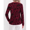 image:imageBTFBM Womens Tops Floral Sheer Mesh Long Sleeve Blouses Dressy Casual  V Neck Flocked Mesh ShirtsVelvetLike FlowersDouble LayersLoose Fit TunicsBusiness Casual TopFall Fashion Clothing 2026Burgundy