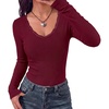 image:imageBTFBM Lace Deep V Neck Fitted Long Sleeve Shirts for Women  Womens Fall Fashion 2026 Casual T Shirt Base Layer Basic Undershirts Slim Fit Going Out Tops Date Night Out OutfitsBurgundy