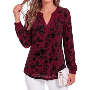 image:imageBTFBM Womens Tops Floral Sheer Mesh Long Sleeve Blouses Dressy Casual  V Neck Flocked Mesh ShirtsVelvetLike FlowersDouble LayersLoose Fit TunicsBusiness Casual TopFall Fashion Clothing 2026Burgundy