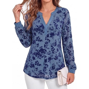 image:imageBTFBM Womens Tops Floral Sheer Mesh Long Sleeve Blouses Dressy Casual  V Neck Flocked Mesh ShirtsVelvetLike FlowersDouble LayersLoose Fit TunicsBusiness Casual TopFall Fashion Clothing 2026Grey Blue
