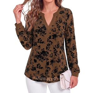 image:imageBTFBM Womens Tops Floral Sheer Mesh Long Sleeve Blouses Dressy Casual  V Neck Flocked Mesh ShirtsVelvetLike FlowersDouble LayersLoose Fit TunicsBusiness Casual TopFall Fashion Clothing 2026Brown