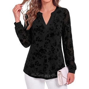 image:imageBTFBM Womens Tops Floral Sheer Mesh Long Sleeve Blouses Dressy Casual  V Neck Flocked Mesh ShirtsVelvetLike FlowersDouble LayersLoose Fit TunicsBusiness Casual TopFall Fashion Clothing 2026Black