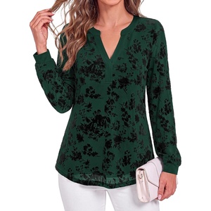 image:imageBTFBM Womens Tops Floral Sheer Mesh Long Sleeve Blouses Dressy Casual  V Neck Flocked Mesh ShirtsVelvetLike FlowersDouble LayersLoose Fit TunicsBusiness Casual TopFall Fashion Clothing 2026Dark Green