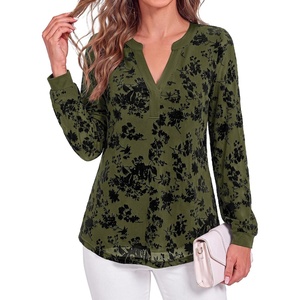 image:imageBTFBM Womens Tops Floral Sheer Mesh Long Sleeve Blouses Dressy Casual  V Neck Flocked Mesh ShirtsVelvetLike FlowersDouble LayersLoose Fit TunicsBusiness Casual TopFall Fashion Clothing 2026Army Green