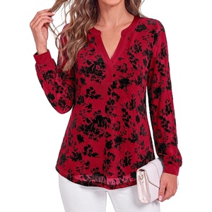 image:imageBTFBM Womens Tops Floral Sheer Mesh Long Sleeve Blouses Dressy Casual  V Neck Flocked Mesh ShirtsVelvetLike FlowersDouble LayersLoose Fit TunicsBusiness Casual TopFall Fashion Clothing 2026Red