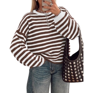 image:imageBTFBM Womens Lightweight Oversized Striped SweaterBrown White