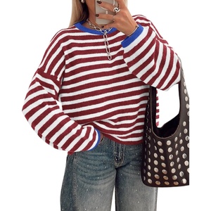 image:imageBTFBM Womens Lightweight Oversized Striped SweaterBurgundy White