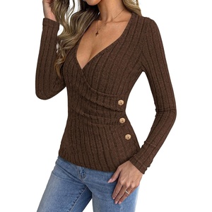 image:imageBTFBM Womens Long Sleeve Tops Sexy Wrap V Neck SweatersBrown