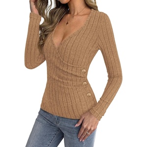 image:imageBTFBM Womens Long Sleeve Tops Sexy Wrap V Neck SweatersKhaki